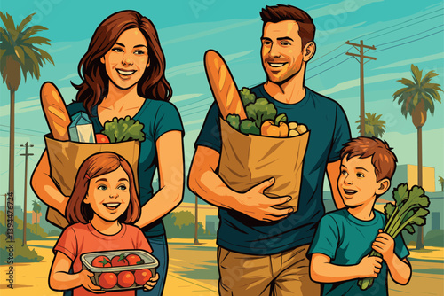 Young parents and children helping carry groceries home together