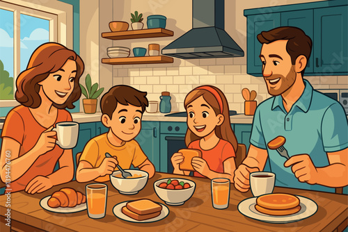Family enjoying breakfast together in bright modern kitchen