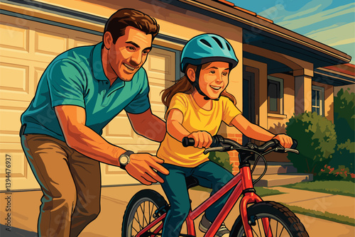 Parent helps child learn to ride a bike on driveway
