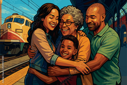 Family reunion hug at train station between generations