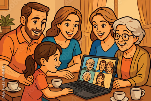Family gathered at table video calling distant relatives