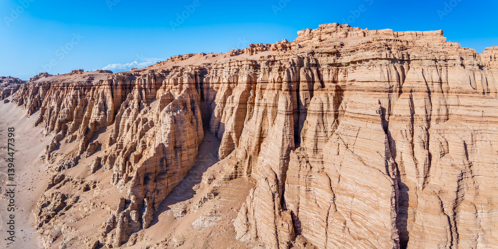 Spectacular yardang landform mountain under the blue sky. Famous Dahaidao no man's land natural landscape in Xinjiang, China.