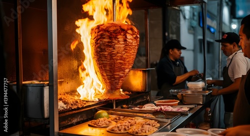Al Pastor meat roasting over flames at a busy taco stand