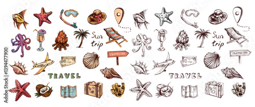 Hand drawn sketch set of vintage travel colored and black icons. Tourism and camping adventure icons. Travelling elements, transport, map, palm, seashells.