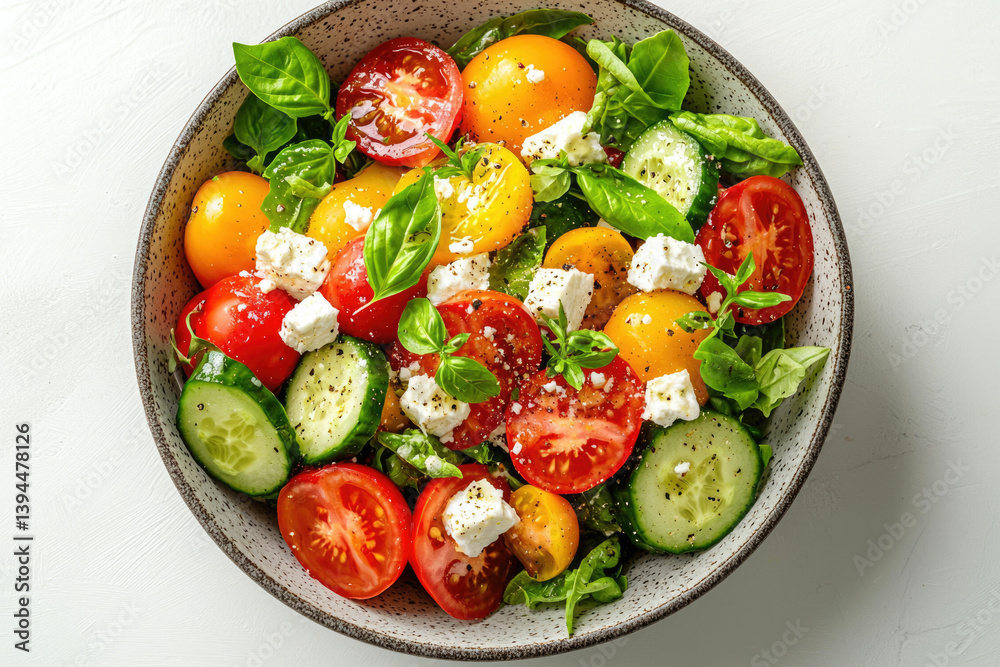 Overhead shot of a fresh salad with red and yellow tomatoes, cucumber, feta cheese, and basil leaves in a bowl. Overhead shot of a fresh salad with red and yellow tomatoes, cucumber, feta cheese, and basil leaves in a bowl.