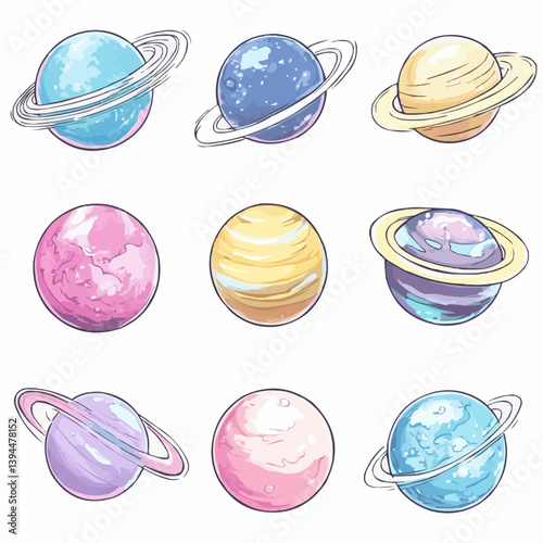 High-resolution watercolor clipart of planets, in pastel colors, for a children's book
