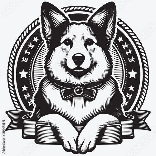 Vector Illustration Dog Pose Vintage Badge Style. stock illustration