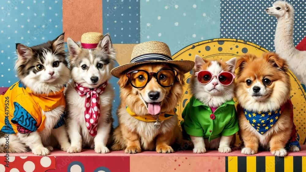 Funny group of cats and dogs in colorful outfits posing together for a playful portrait