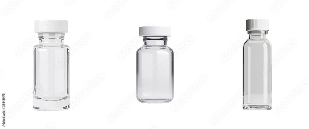 Minimalist mockups featuring clear glass bottles with white caps displayed in an isolated setting for product design showcase Minimalist mockups featuring clear glass bottles with white caps displayed in an isolated setting for product design showcase