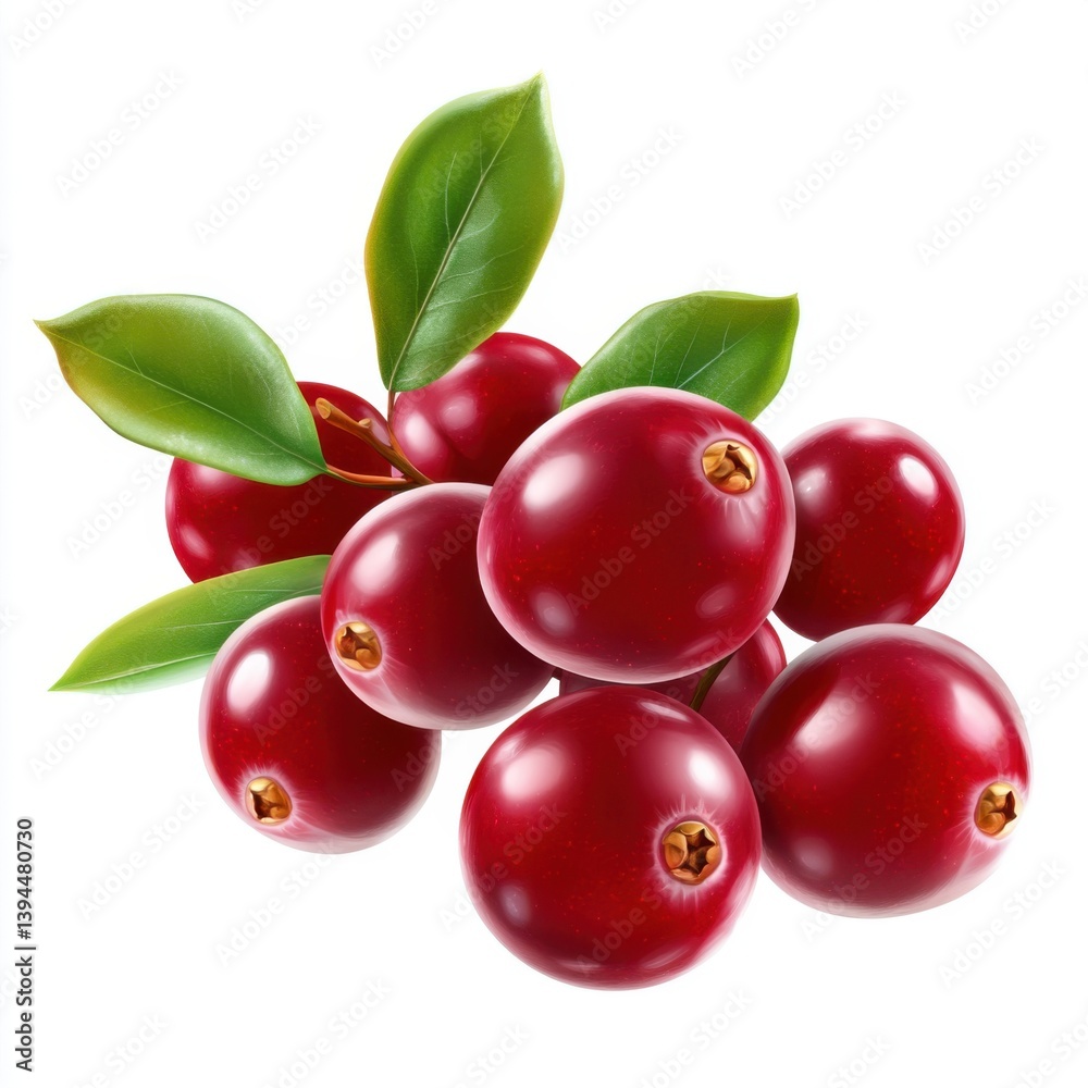 Obraz premium A cluster of vibrant red cranberries with lush green leaves, showcasing their fresh and healthy appearance.