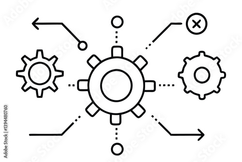 depicting a brain and a gear  Data Analytics Concept – Line Art Illustration of Machine Learning, Human Brain with Gears, Business Intelligence, and Digital Transformation Elements.
