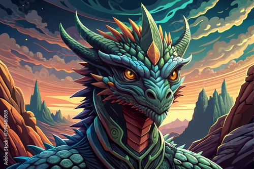 Dragon portrait on mysterious land of the galaxy under a strange colored sky, horror game banner