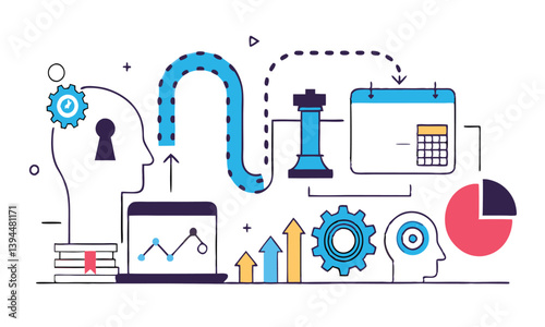 depicting a brain and a gear  Data Analytics Concept – Line Art Illustration of Machine Learning, Human Brain with Gears, Business Intelligence, and Digital Transformation Elements.