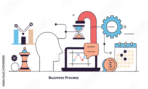 depicting a brain and a gear  Data Analytics Concept – Line Art Illustration of Machine Learning, Human Brain with Gears, Business Intelligence, and Digital Transformation Elements.
