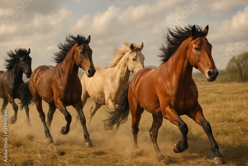 Majestic horses running freely.