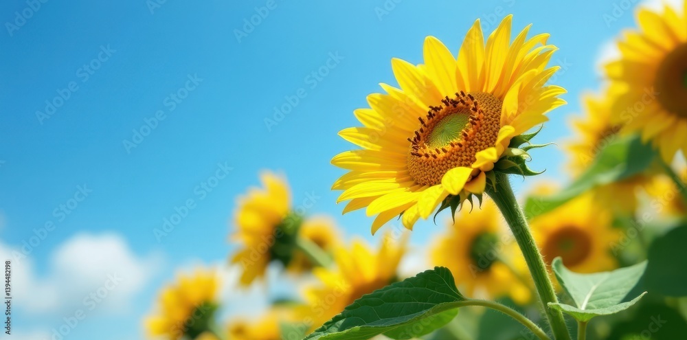 Close-up of lush sunflowers against a blue sky, bloom, picture Close-up of lush sunflowers against a blue sky, bloom, picture