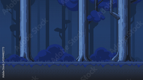 Night forest pixel art. Horizontal seamless pixelated backdrop for 8-bit video-game level.