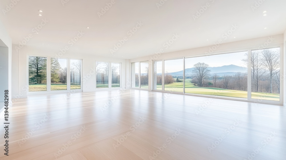 Fototapeta premium Spacious, modern open-plan living area with large windows showcasing a scenic view of a golf course and countryside