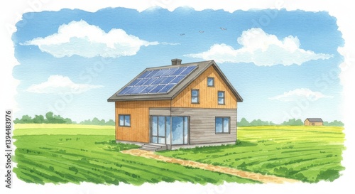 Wallpaper Mural Watercolor Eco-Friendly Farmhouse with Solar Panels - Sustainable living, renewable energy, countryside serenity, modern design, eco-conscious home Torontodigital.ca