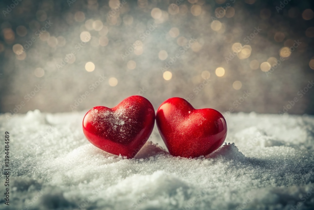 Fototapeta premium Romantic Valentines Day Scene Two Red Hearts on a Snowy Winter Slide A Timeless Image of Love and
