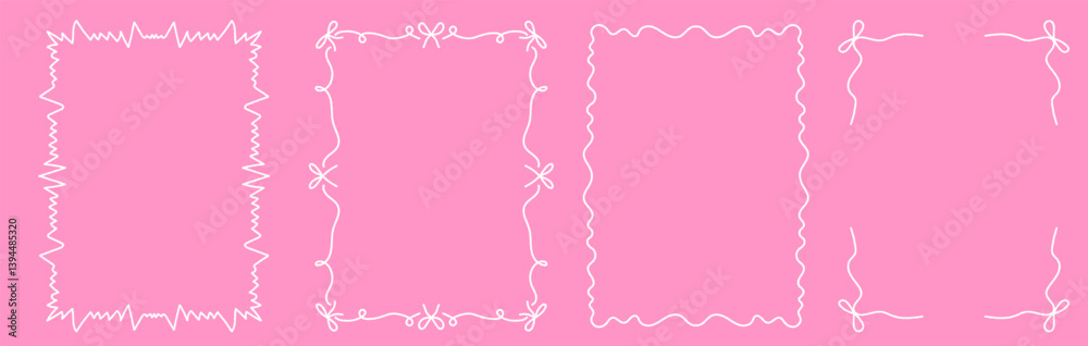 Set of whimsical hand drawn frames with wavy squiggle curly ribbons in trending vintage styles. Crayon drawn vector decor elements. Great for  invitations, greeting cards, posters, banners