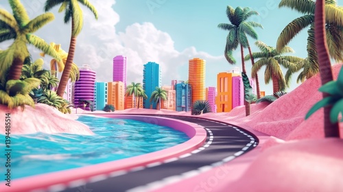 Colorful, stylized city with palm trees, curved road, and a turquoise lagoon.