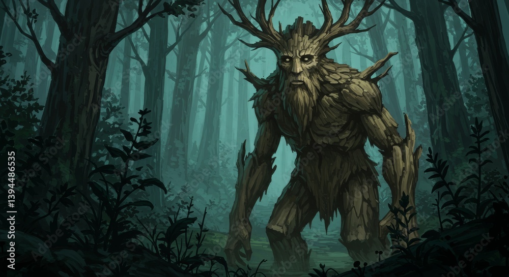 Fototapeta premium Forest Treant Guardian - A majestic treant stands in a mystical forest, its bark-like skin and antler-like branches blending seamlessly with the ancient trees