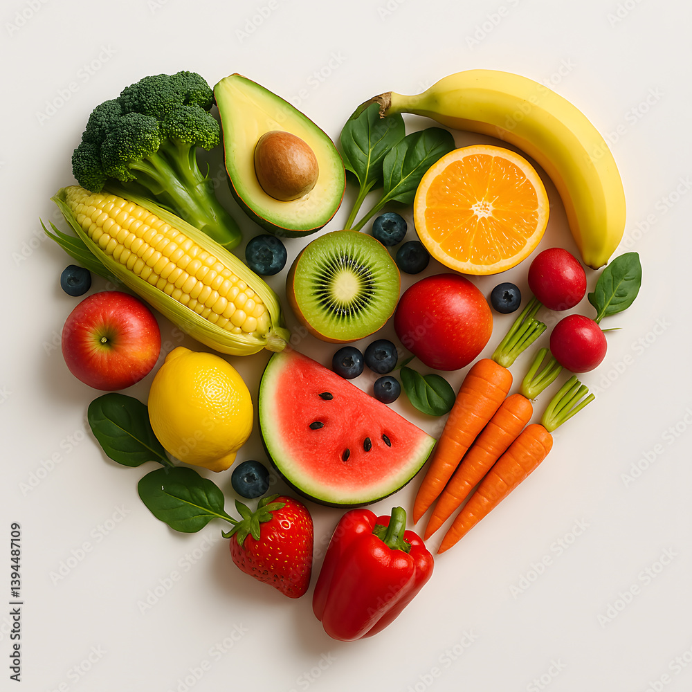 Heart-shaped arrangement of fresh fruits and vegetables for healthy eating and heart health Heart-shaped arrangement of fresh fruits and vegetables for healthy eating and heart health