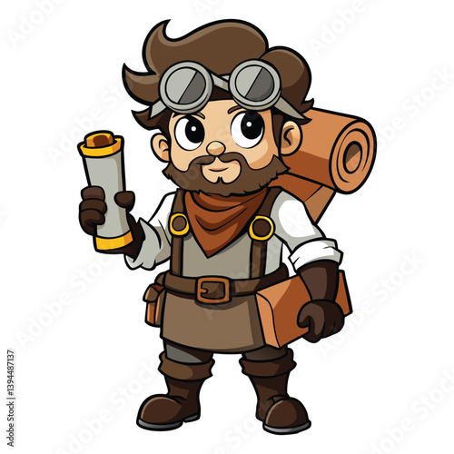 Cartoon Steampunk Engineer Man with Goggles Holding Blueprint Scrolls Bearded Character for Invention, Construction, and Industrial Design
