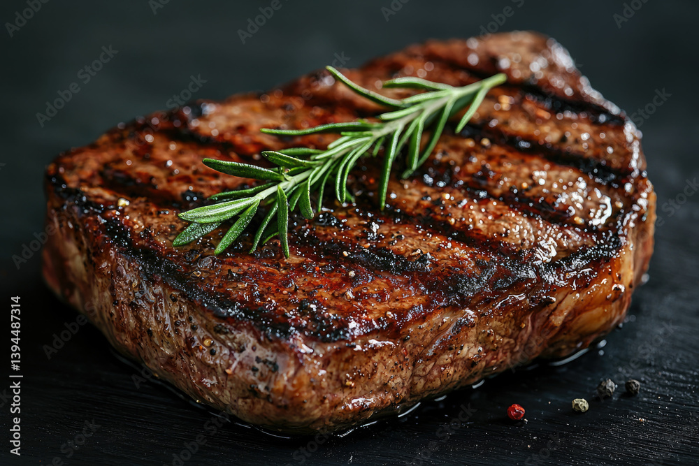 A delicious and juicy grilled steak with grill marks and rosemary on a dark surface. A delicious and juicy grilled steak with grill marks and rosemary on a dark surface.