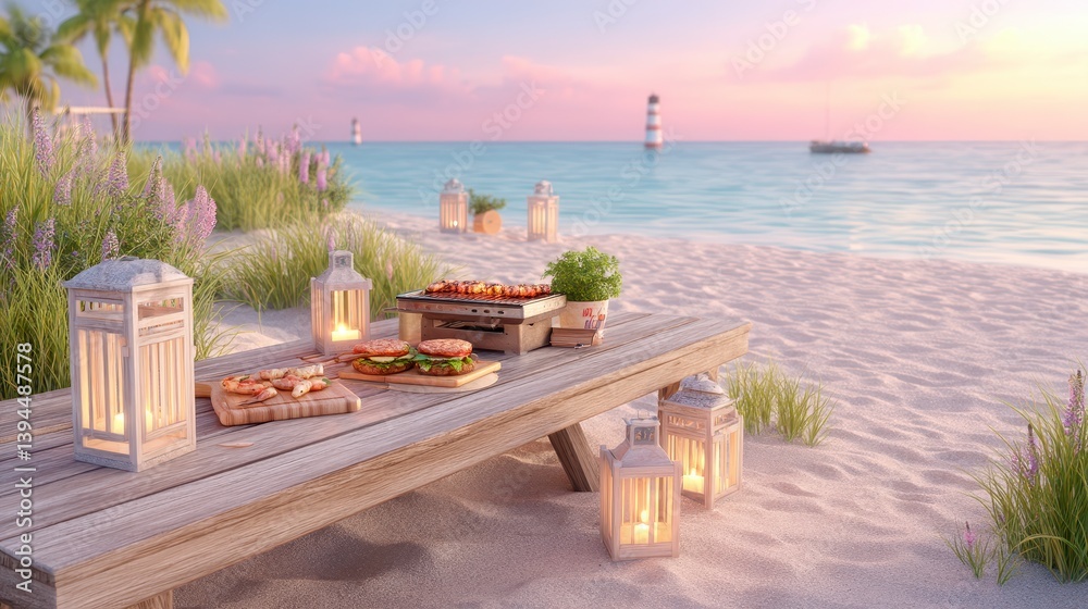 Fototapeta premium Romantic Beach Picnic at Sunset Grilled Food, Lanterns, and Ocean View