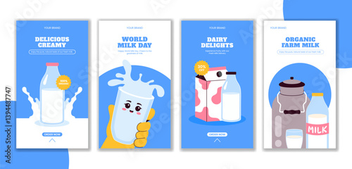 Fresh Milk Theme Social Media Stories for World Milk Day in Flat Cartoon Style
