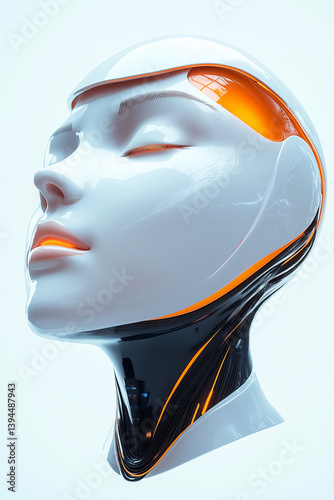 3d illustration of female robot head with orange light on white background