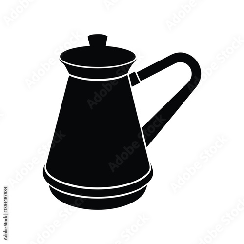 Isolated metal coffee pot and cup, old Turkish pot for hot coffee drink.