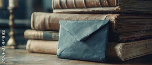 A vintage envelope rests on a stack of aged books, embodying nostalgia and the timeless essence of written correspondence.