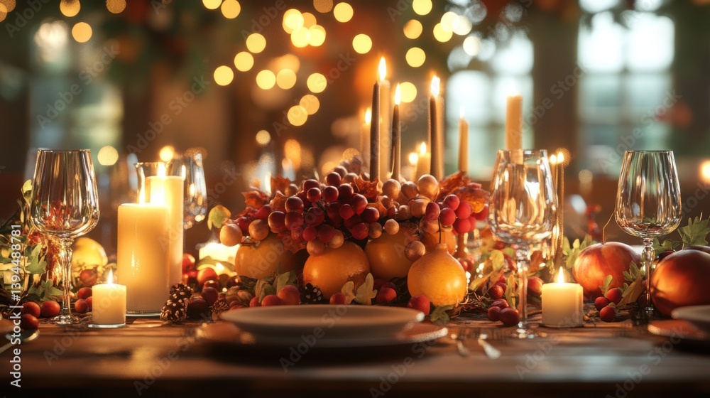 A beautifully arranged festive dinner table adorned with candles, fruits, and decorative elements, creating a warm and inviting atmosphere. A beautifully arranged festive dinner table adorned with candles, fruits, and decorative elements, creating a warm and inviting atmosphere.