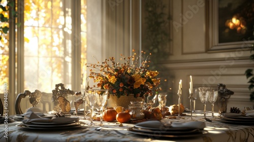A beautifully arranged dining table featuring elegant glassware, floral centerpiece, and warm autumn lighting, creating a cozy and inviting atmosphere.