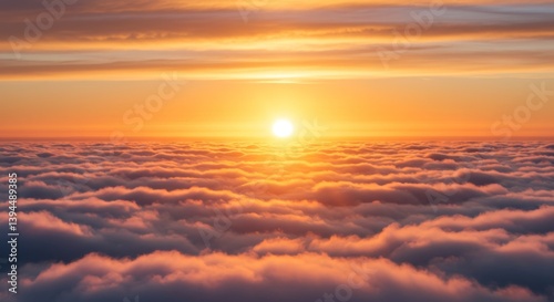 Golden Sunrise Above Cloud Sea - Serene sunset above a boundless ocean of clouds. Symbolizing hope, peace, tranquility, inspiration, and new beginnings
