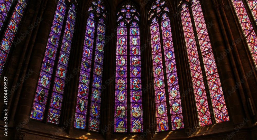 Obraz premium Gothic Cathedral Stained Glass Window - Stunning of a large Gothic cathedral stained glass window, showcasing intricate designs and vibrant colors