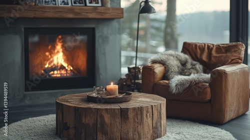 Cozy living room with fireplace, leather armchair, and wooden coffee table. Warm interior design. Snowy winter view from window.
