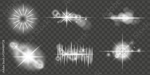 Bright Light Effects, Glow, Set. Isolated White Transparent Light Effects, Glare, Explosion, Spark, Dust, Line, Sun Flare, Sparkle and Stars, Spotlight. Sunlight, Abstract Special Effect. Star Flares