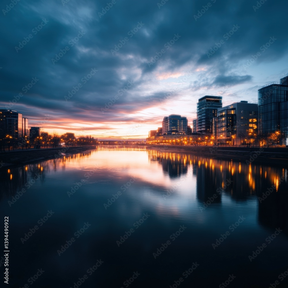 Fototapeta premium Cityscape at dawn over a river