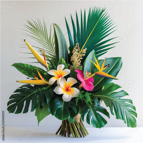 Beautiful tropical floral bouquet with pink and yellow flowers and green palm leaves