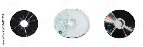 Collection of broken compact discs isolated on a minimalist background showcasing various levels of damage