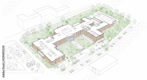 Modern School Building Aerial View - Aerial perspective of a modern school building design, showcasing its layout and surrounding landscape