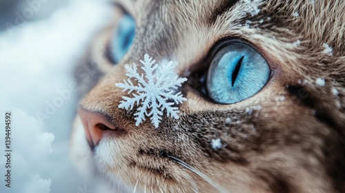 Cute Cat with Blue Eyes and a Delicate Snowflake on Its Nose in Winter Close-Up