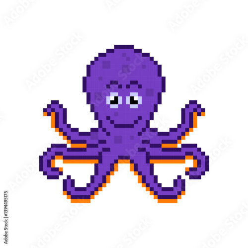 Pixel art of funny octopus. Pixelated octopus comic character. Purple octopus.