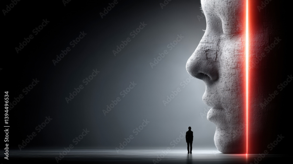 Silhouette confronting a giant AI face with red digital tears, depicting human dependence and emotional turmoil