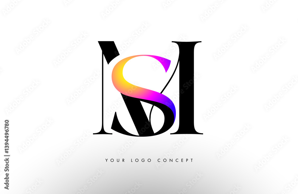 Elegant MS logo concept icon design with serif font and purple blue neon colors.