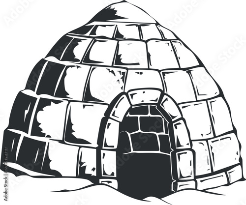 Monochrome illustration of a traditional igloo made of ice blocks, representing winter shelter.